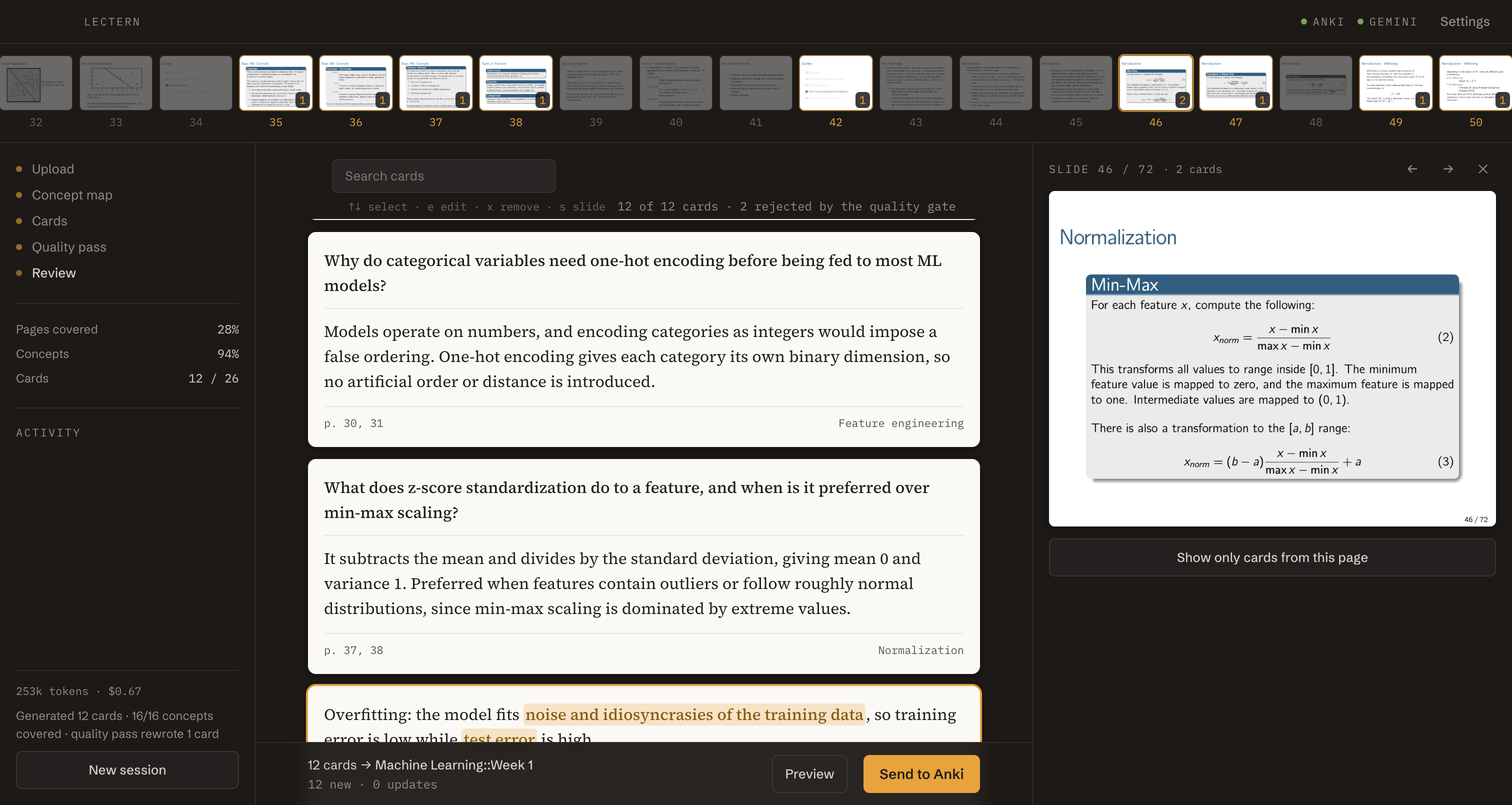 Reviewing a finished deck in Lectern: the original lecture slide open next to the card generated from it